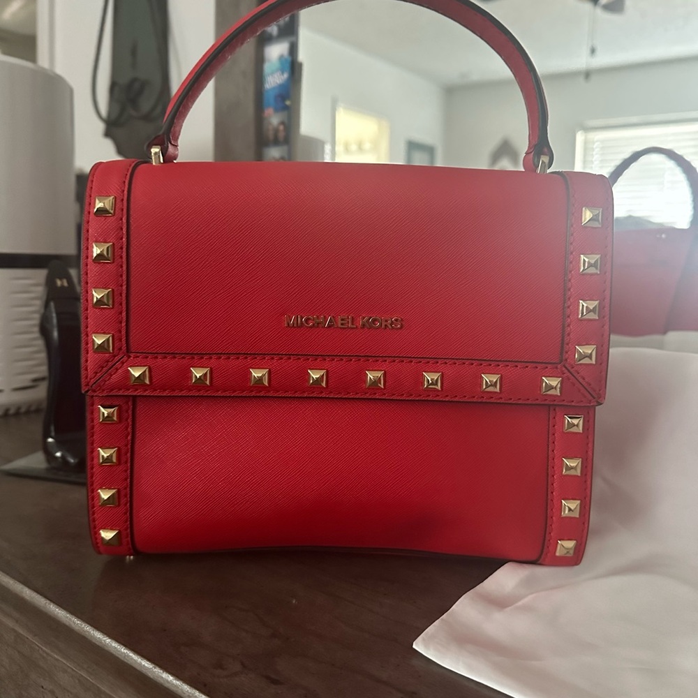 Michael Kors Red Bag with Gold Studs Like New Condition